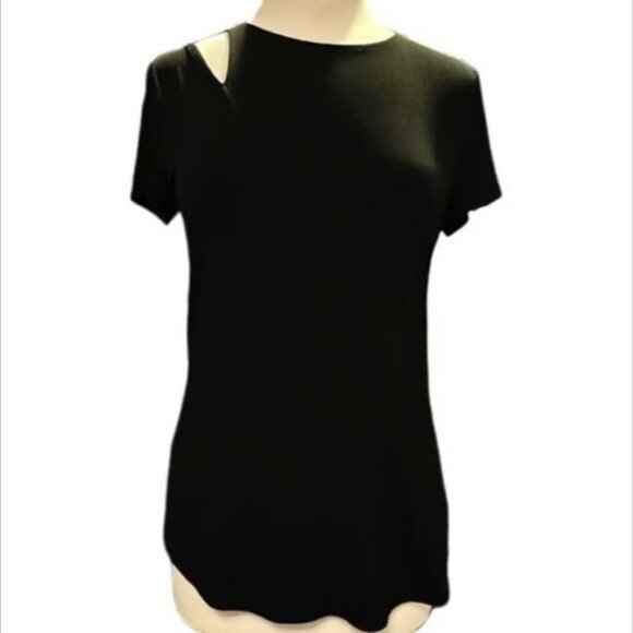 INC Cutout Cold Shoulder Black T-Shirt Short Sleeve Casual Top Large Blouse LG - Picture 2 of 9